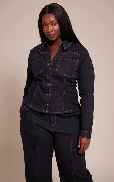  Prettylittlething Plus Dark Indigo Fitted Denim Shirt 