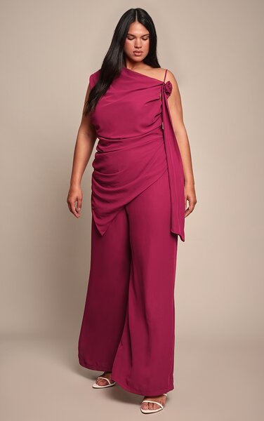  Prettylittlething Plus Deep Plum Chiffon Corsage Detail Wide Leg Jumpsuit 