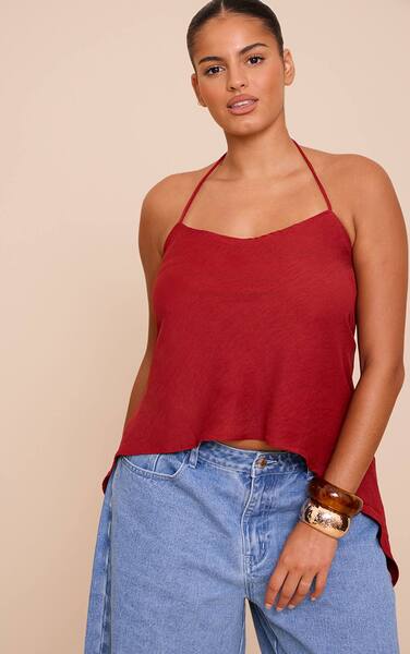  Prettylittlething Plus Deep Red Floaty Woven Split Hem Spaghetti Strap Top Co-ord 