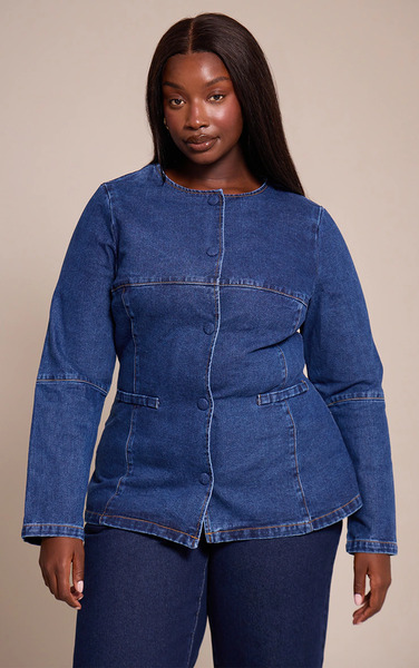  Prettylittlething Plus Denim Round Neck Shirt, Mid Blue Wash 