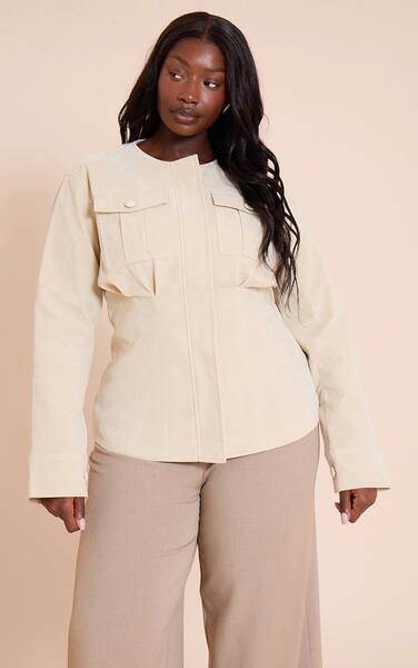  Prettylittlething Plus Ecru Faux Suede Cinch Waist Covered Button Jacket 