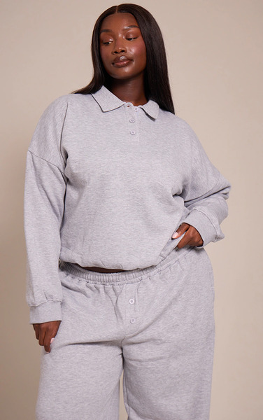  Prettylittlething Plus Grey Marl Button Up Long Sleeve Polo Sweatshirt 