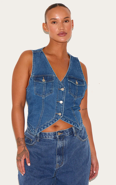  Prettylittlething Plus Indigo Blue Wash Halterneck Button Front Denim Waistcoat 