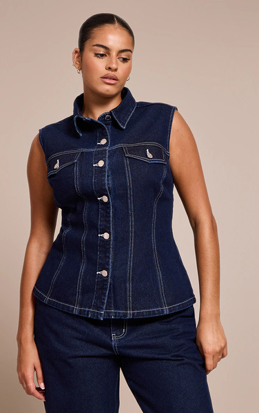  Prettylittlething Plus Indigo Cinched Sleeveless Denim Shirt 