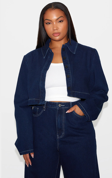  Prettylittlething Plus Indigo Cropped Denim Contrast Stitch Jacket 