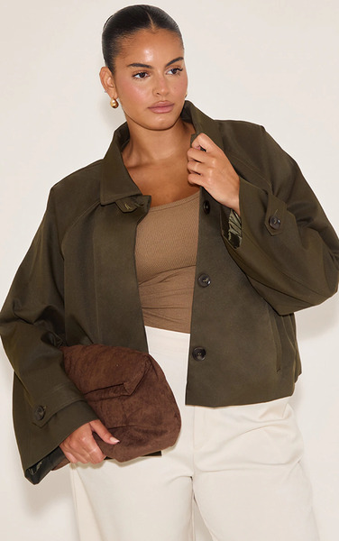  Prettylittlething Plus Khaki Long Sleeve Trench Style Jacket 