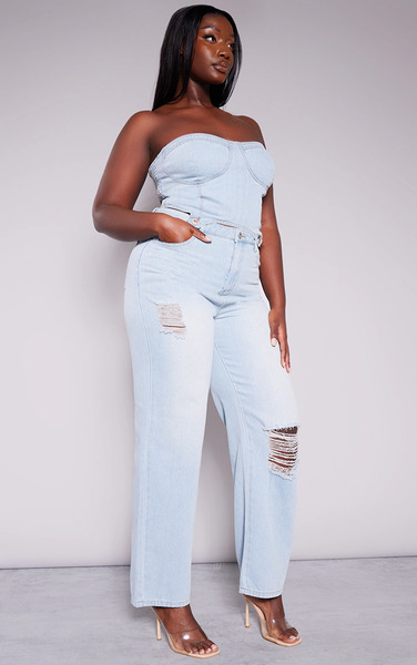  Prettylittlething Plus Light Blue Wash Detachable Bandeau Denim Jumpsuit 