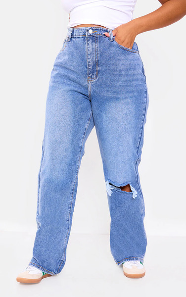  Prettylittlething Plus Light Blue Wash Open Knee Long Leg Straight Leg Jeans 
