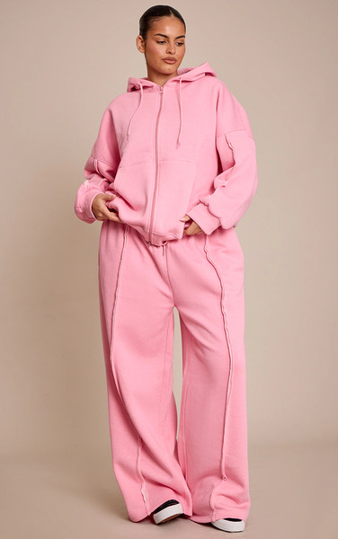  Prettylittlething Plus Light Pink Seam Detail Oversized Wide Leg Joggers 