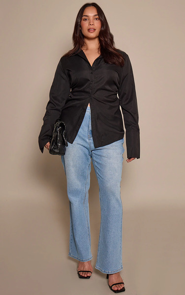  Prettylittlething Plus Mid Blue Cropped Straight Leg Jean, Mid Blue Wash 