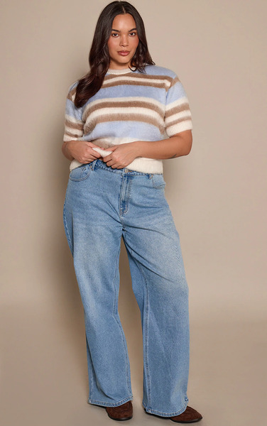  Prettylittlething Plus Mid Blue High Waist Stretch Straight Leg Jean, Mid Blue Wash 