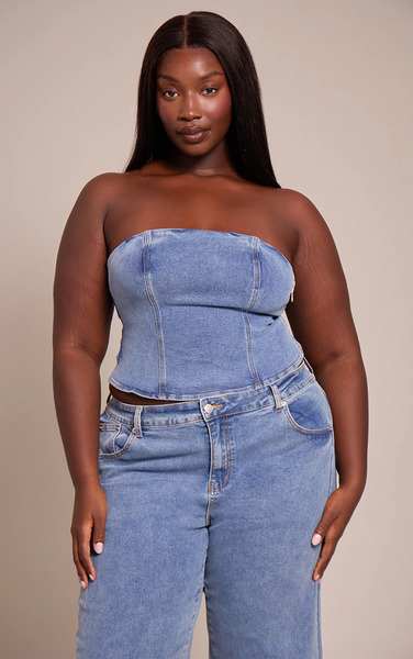  Prettylittlething Plus Mid Blue Wash Adjustable Elasticated Bandeau Corset Top 