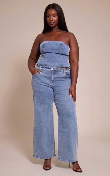  Prettylittlething Plus Mid Blue Wash Adjustable Waistband Detail Jean 