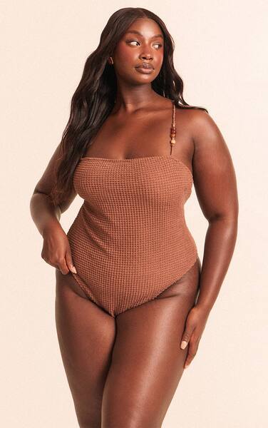  Prettylittlething Plus Mocha Crochet Bead Trim Asymmetric Strap Swimsuit 