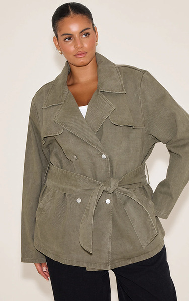  Prettylittlething Plus Olive Cropped Belted Denim Trench 