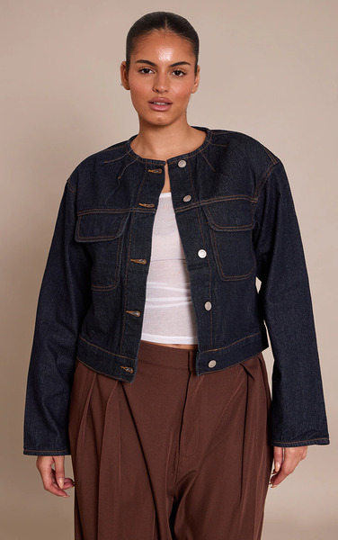  Prettylittlething Plus Raw Indigo Wash Collarless Detail Denim Jacket 
