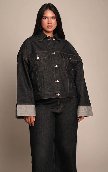  Prettylittlething Plus Raw Indigo Wash Turn Up Cuff Contrast Stitch Denim Jacket 