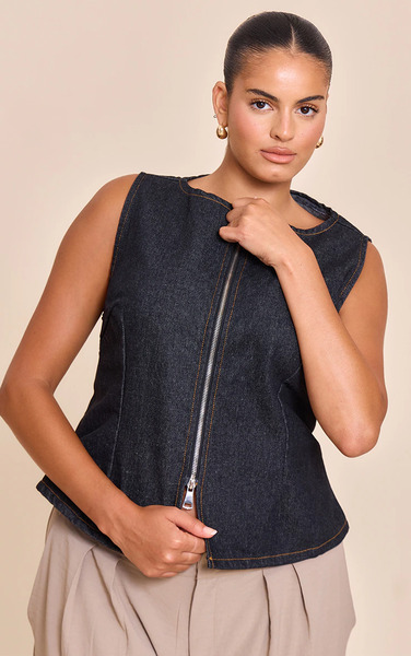  Prettylittlething Plus Raw Indigo Wash Zip Detail Sleeveless Denim Top 