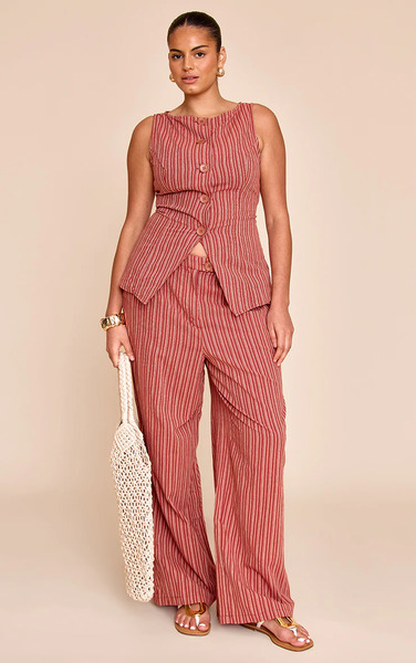  Prettylittlething Plus Red Stripe Linen Look Wide Leg Trousers 