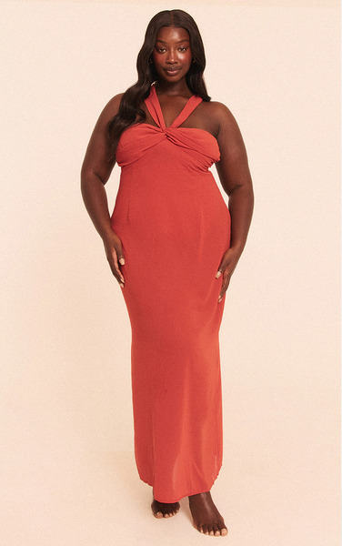  Prettylittlething Plus Rust Ruched Chiffon Maxi Beach Dress 