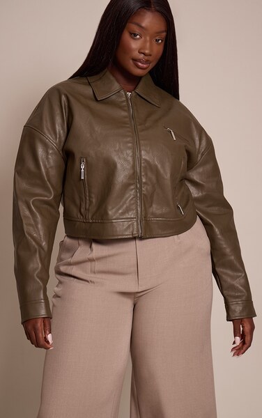  Prettylittlething Plus Sage Green Textured Faux Leather Zip Up Minimal Biker Jacket, Stone 