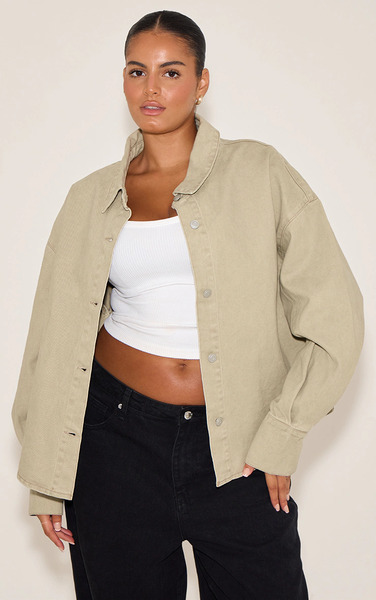  Prettylittlething Plus Sand Balloon Sleeve Denim Shirt 
