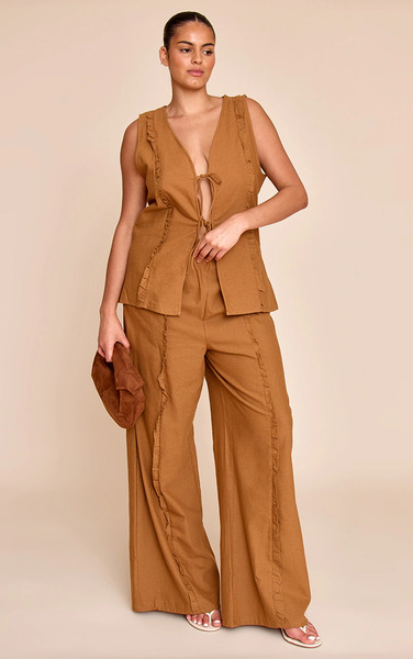  Prettylittlething Plus Tan Wide Leg Drawstring Trousers 