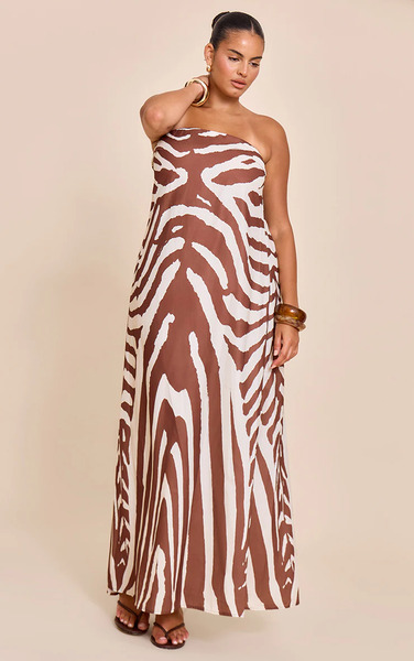  Prettylittlething Plus Tan Zebra Abstract Print Woven Bandeau Maxi Dress 