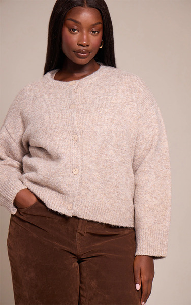  Prettylittlething Plus Taupe Brushed Oversized Detail Round Neck Cardigan Sweater 
