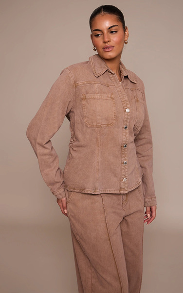  Prettylittlething Plus Taupe Fitted Denim Shirt 