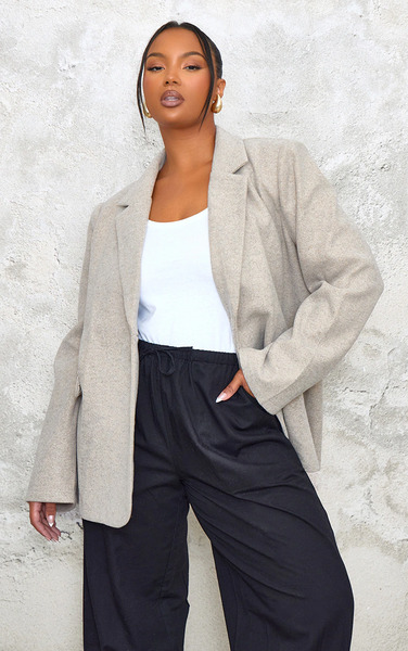  Prettylittlething Plus Taupe Wool Look Brushed Tailored Blazer 