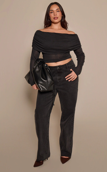  Prettylittlething Plus Washed Black Mid Rise Stretch Barrel Jeans 