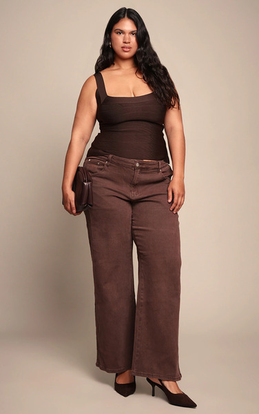 Prettylittlething Plus Washed Brown Adjustable Waistband Detail Jean 