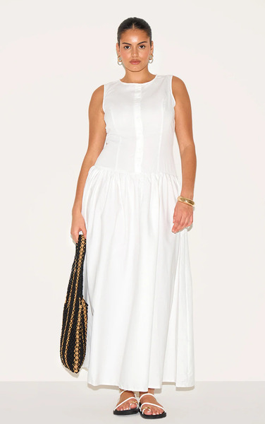  Prettylittlething Plus White Button Down Drop Waist Maxi Dress 