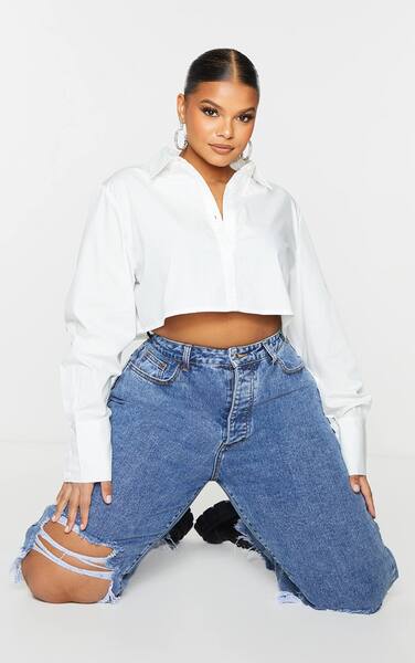  Prettylittlething Plus White Cotton Oversized Crop Shirt 
