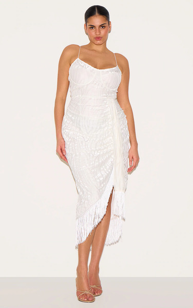  Prettylittlething Plus White Devore Tassel Detail Underwired Draped Midi Dress 