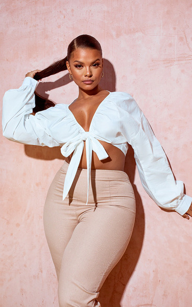  Prettylittlething Plus White Tie Front Ruched Blouse 