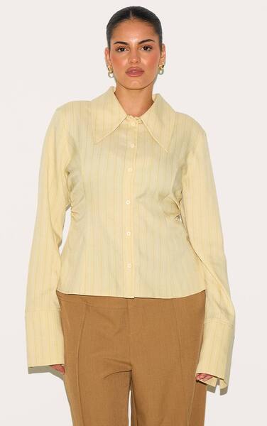 Prettylittlething Plus Yellow Pinstripe Oversized Collar Fitted Shirt 