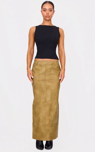  Prettylittlething Premium Olive Washed Faux Leather Maxi Skirt 
