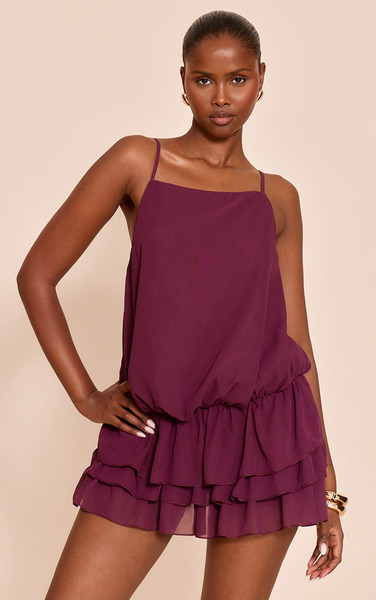  Prettylittlething Purple Chiffon Frill Detail Playsuit 