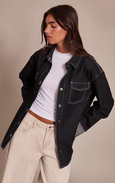  Prettylittlething Raw Indigo Turn Up Cuff Oversized Denim Shirt, Blue 
