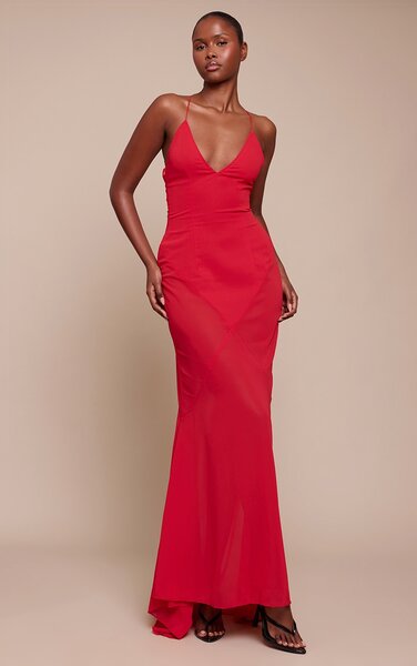  Prettylittlething Red Chiffon V Neck Maxi Dress 