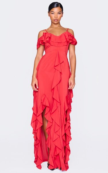  Prettylittlething Red Cold Shoulder Ruffle Detail Maxi Dress 