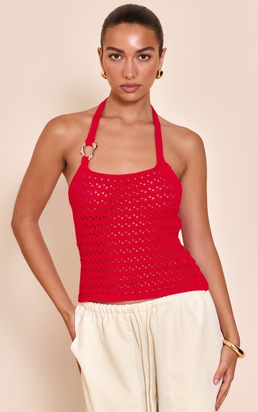  Prettylittlething Red Crochet Trim Detail Halter Top 