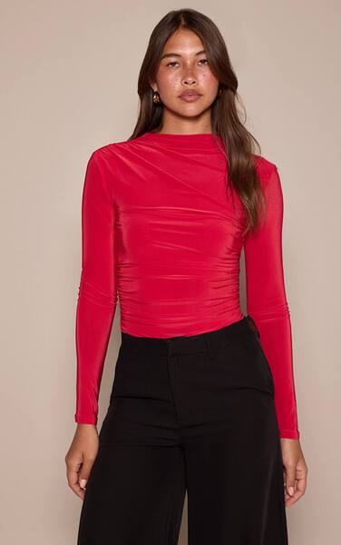  Prettylittlething Red Double Layer Slinky Ruched Drape Detail Long Sleeve Bodysuit 