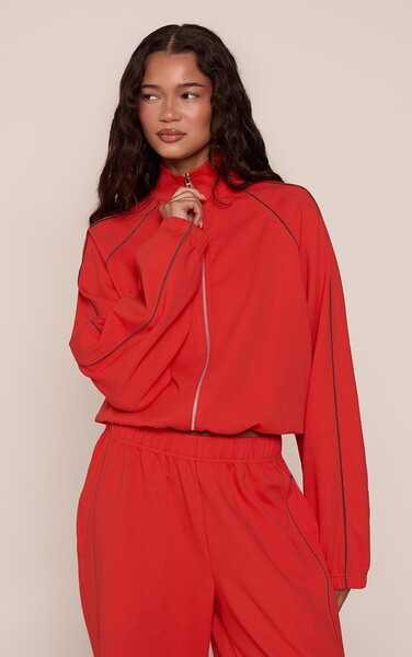 Prettylittlething Red Interlock Contrast Piping Bomber Sweatshirt 