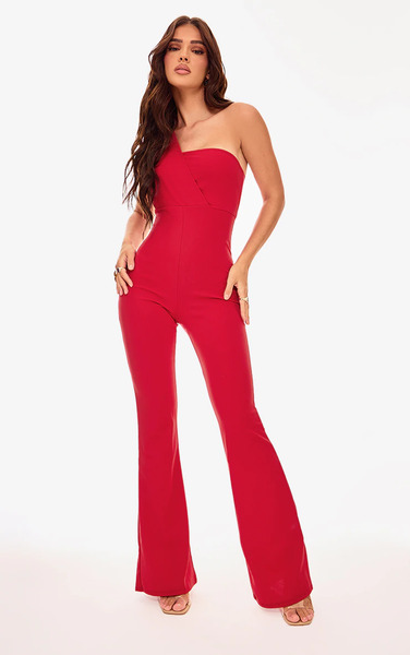  Prettylittlething Red One Shoulder Drape Detailed Jumpsuit 
