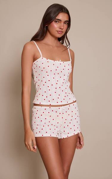  Prettylittlething Red Pointelle Fitted Mini Pyjama Shorts 