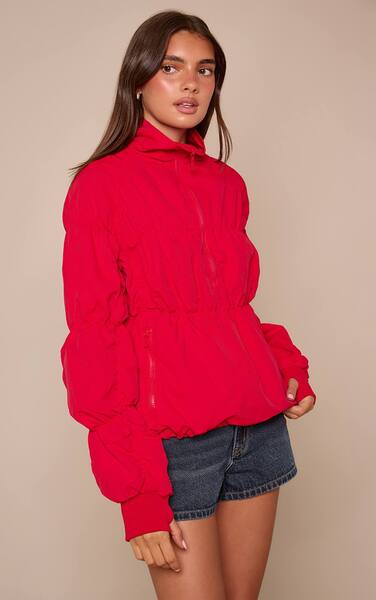  Prettylittlething Red Ruched Zip Through Windbreaker 