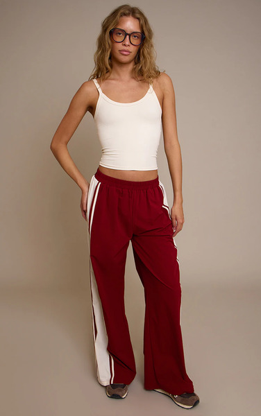  Prettylittlething Red Shell Contrast Stripe Wide Leg Track Pants 
